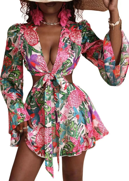 Two Piece Sets Women Skirt Set Print Floral Matching Sets V Neck Flare Sleeve Top Short Skirts Dress Sets Lace Up High Waist