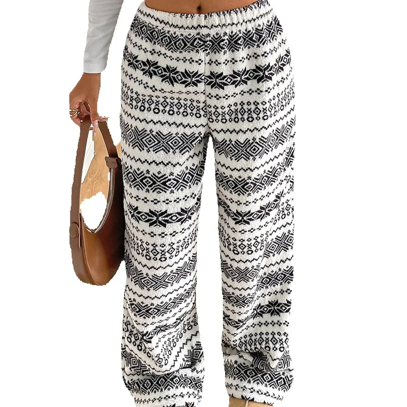 Elegant women's western ethnic style geometric print plush comfortable soft skin-friendly straight pants, warm style