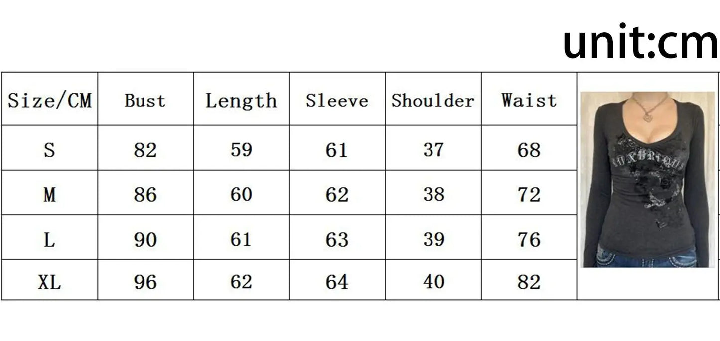 Women Long Sleeve T-shirt Graphic Gothic Print Punk Grunge Y2K Aesthetic Tee Tops Spring Fall Shirts