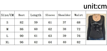 Women Long Sleeve T-shirt Graphic Gothic Print Punk Grunge Y2K Aesthetic Tee Tops Spring Fall Shirts