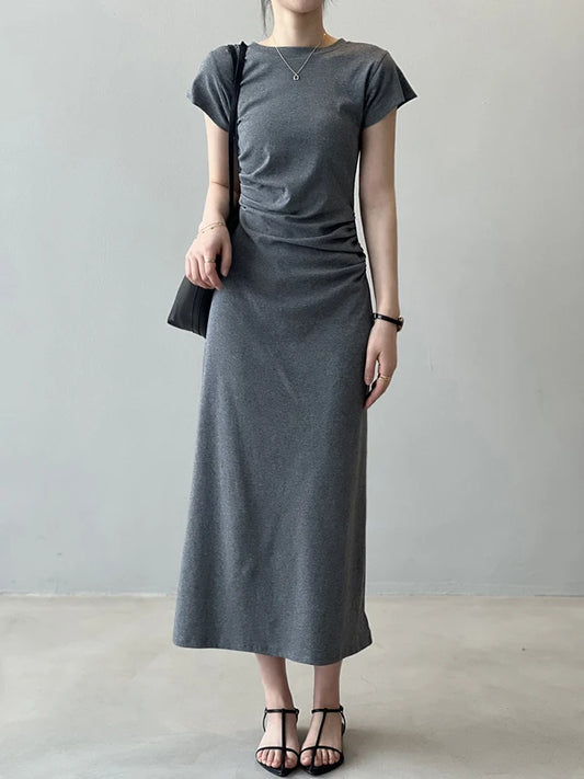 Slim Fit T-irt Dr Women's Spring Summer ort Sve Pleated Waist Cinching A-Line Midi Dr Small Stature 50