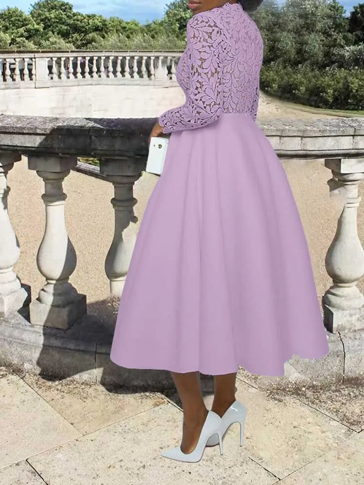 EtherealBe elegant lace party dress for women in lavender with long lace sleeves and full midi skirt