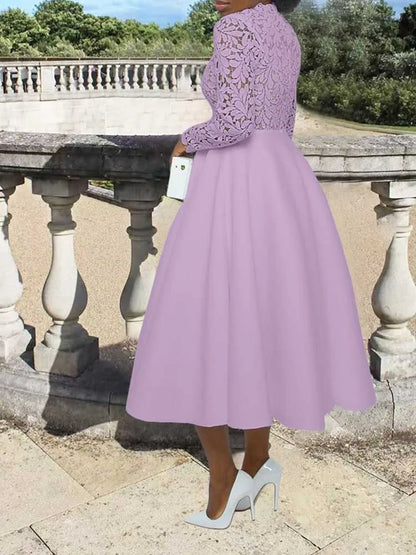 EtherealBe elegant lace party dress for women in lavender with long lace sleeves and full midi skirt