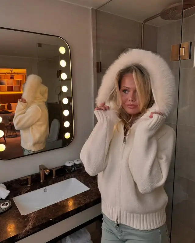 OFTBUY Real Fox Fur Kintwear Women 2025 New Spring Autumn Hooded Sweater Female Loose Zipper Kintted Jacket Oversized Cardigan