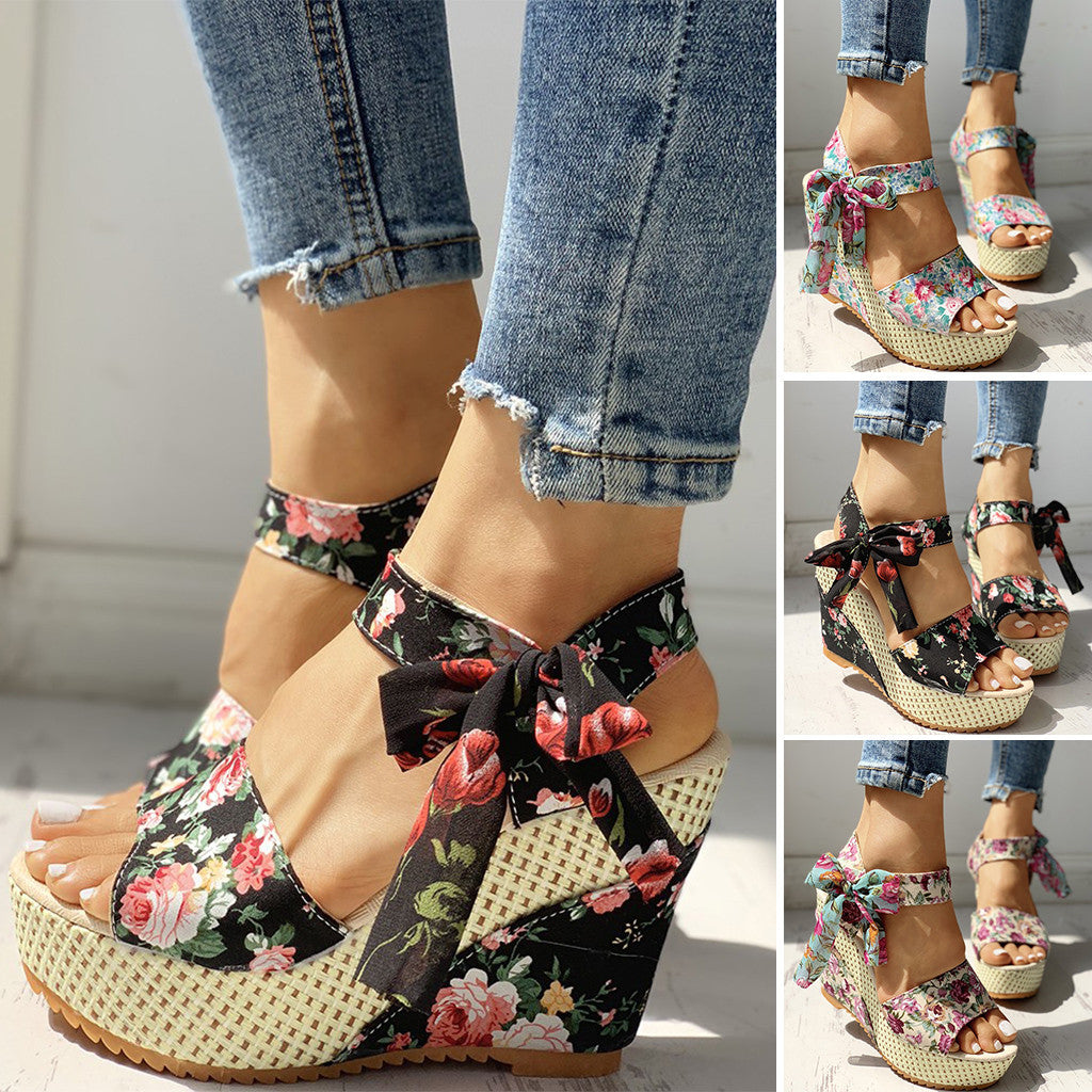 Heel Footwear Ladies Shoes Platform Floral Women's Lace-up Wedges Comfy Wedge Sandals For Women Dressy Sandals For Women