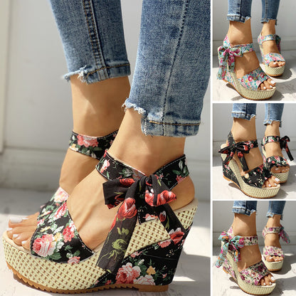 Heel Footwear Ladies Shoes Platform Floral Women's Lace-up Wedges Comfy Wedge Sandals For Women Dressy Sandals For Women