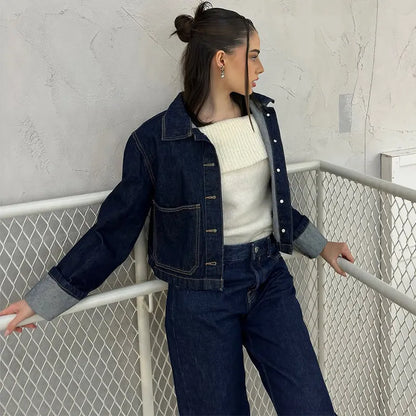 Denim Skirt Women Set Casual Long Sleeve Lapel Pocket Button Jacket Pleated Min Skirts 2025 Spring Summer Lady Suit