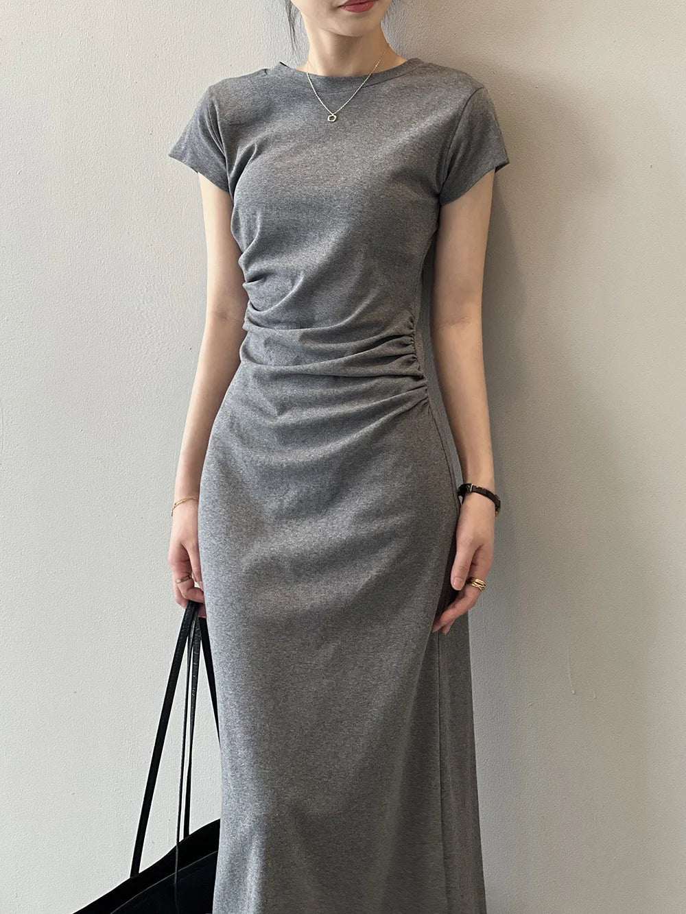 Slim Fit T-irt Dr Women's Spring Summer ort Sve Pleated Waist Cinching A-Line Midi Dr Small Stature 50