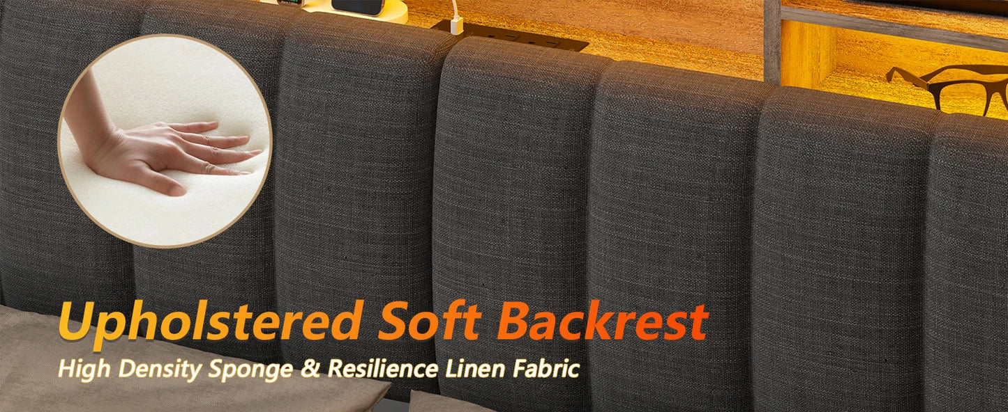 Queen Bed Frame with Storage Bookcase Headboard & LED Lights,Upholstered Bed Frame with USBCharging Station,No Box Spring Needed