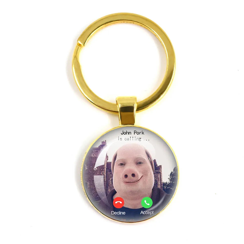 New John Pork Is Calling Answer Call Phone Humor Funny Pig Lover Graphic Meme Glass Dome Pendant Cabochon Keychain Jewelry Gifts