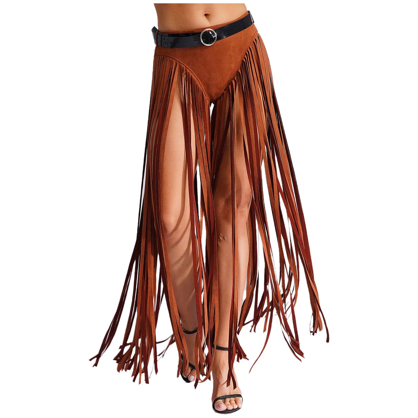 Womens Hippy Cosplay Costume High Waist Suede Underwear with Long Tassels And Belt Halloween Dress Up 70s Disco Costume