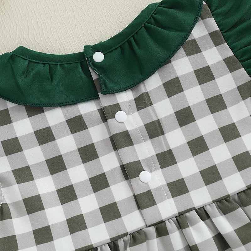 EtherealBe plaid patchwork romper for infants with a ruffled collar and button detail
