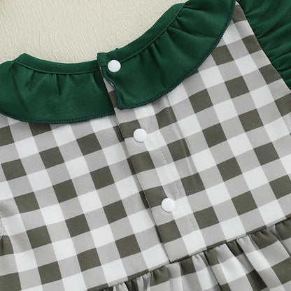EtherealBe plaid patchwork romper for infants with a ruffled collar and button detail