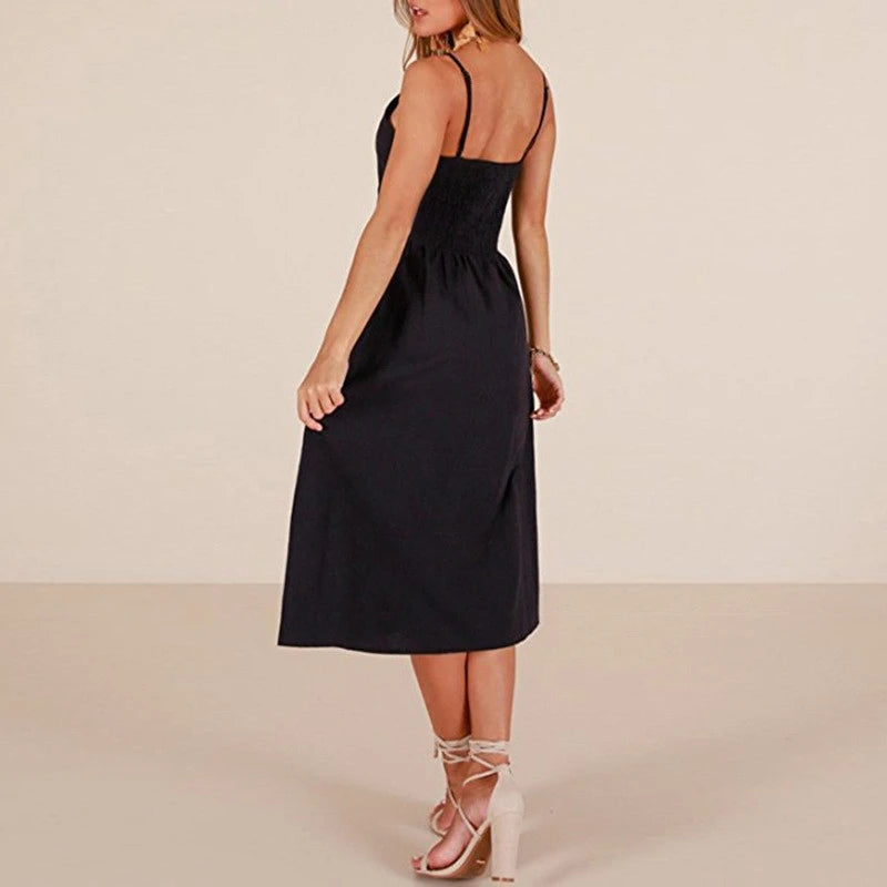 Solid color summer camisole women's beach dress, fashionable and casual patchwork camisole button back tie dress for women