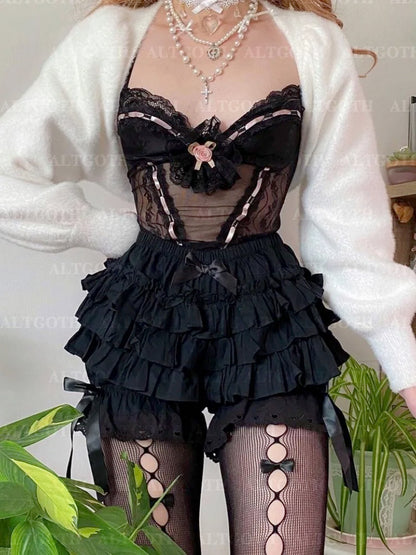 AltGoth Cute Jk Lolita Skirt Shorts Women Mall Goth Fairycore Grunge Streetwear Kawaii Bow Patchwork Cosplay Skirt Shorts Female