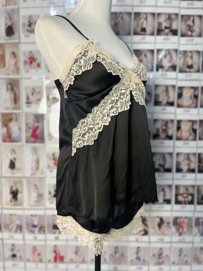 Womens Sexy Satin Pajama Set Lace Trim Cami Top Shorts Lingerie Sleepwear Silky Black Cream V Neck Spaghetti Strap Two Piece