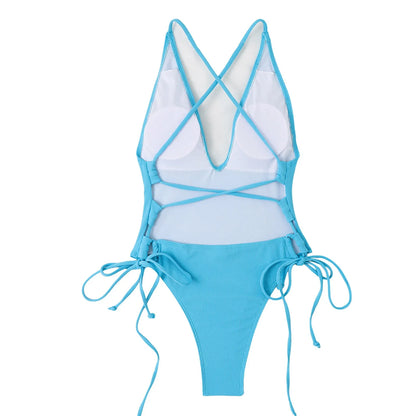 Sexy Deep-V One Piece Swimsuit Pure Color Buckle Women'S Backless Sling Cut Out Bikini High Cut Elastic Slim Beach Swimwear