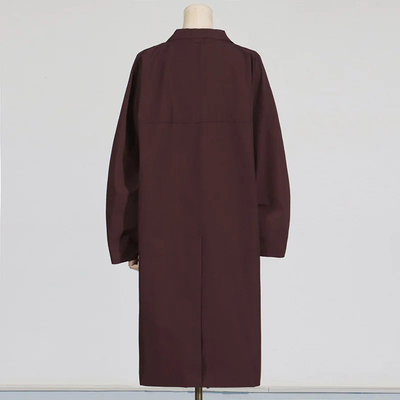 Back view of simple style long sleeve trench coat by EtherealBe in rich burgundy color