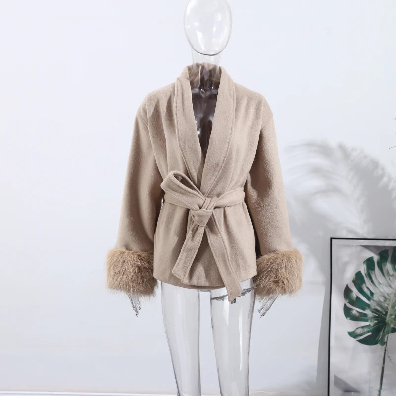 2025 Chic Lapel Plush Coat With Belt Women Vintage Solid Faux Fur Sleeve Tweed Open Coats Female Autumn Casual Street Outwear