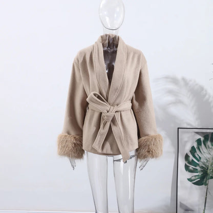 2025 Chic Lapel Plush Coat With Belt Women Vintage Solid Faux Fur Sleeve Tweed Open Coats Female Autumn Casual Street Outwear