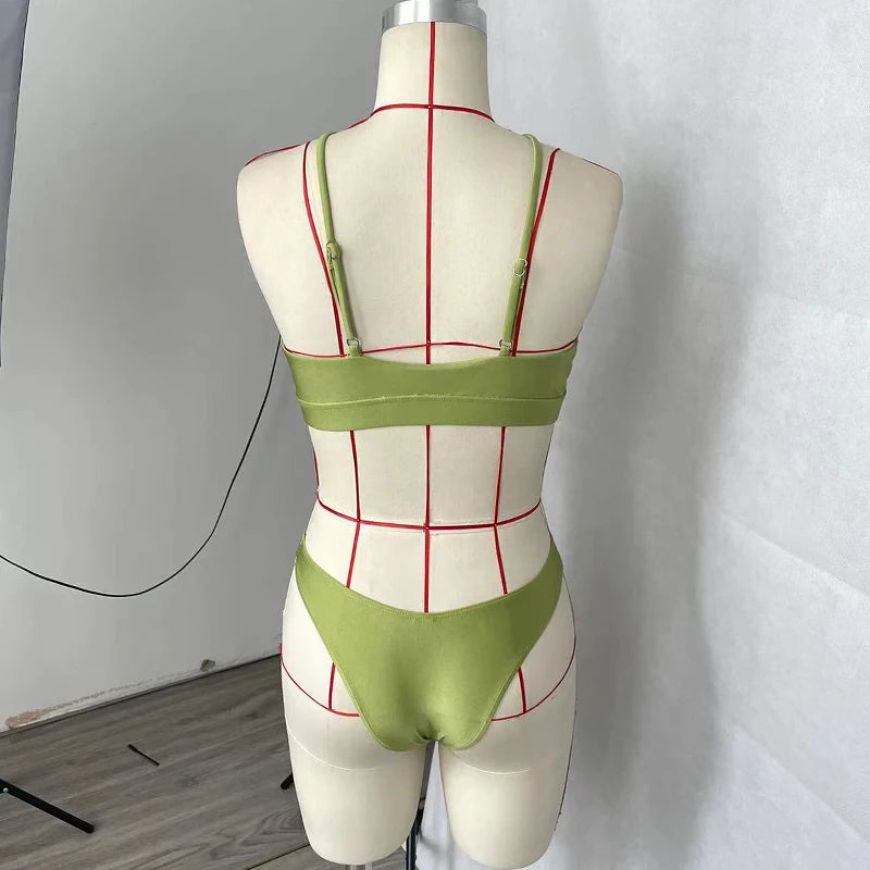 BEACHCICI Women's Bikini Two Piece Summer Simple Sexy Solid Cross Halter Slim Sleeveless Hollow Thong Beach Vacation Swimsuit