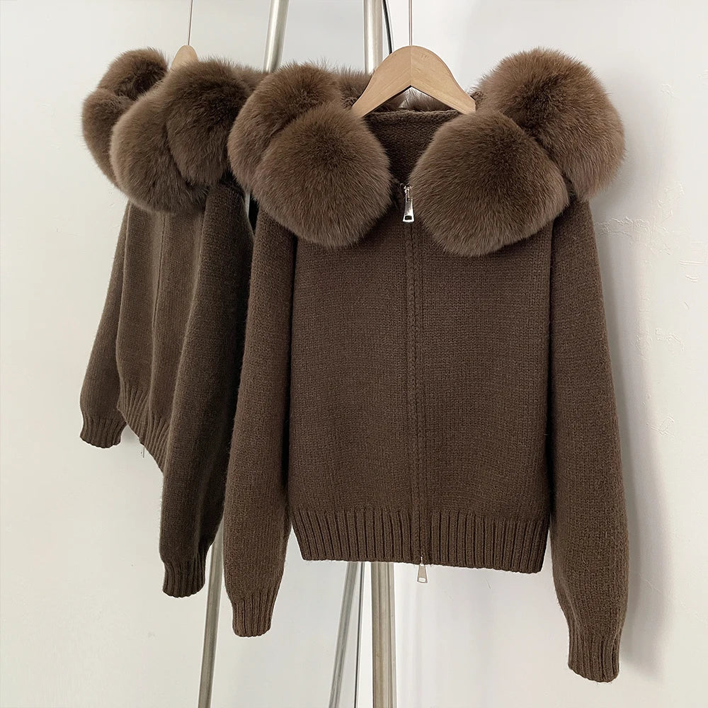 Coat Women Cardigan Natural Fox Fur Coat Women Real Mongolian Fur Knitwear Female Spring Autumn Hooded Knitted Fur Jacket