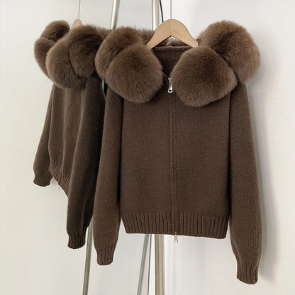 Coat Women Cardigan Natural Fox Fur Coat Women Real Mongolian Fur Knitwear Female Spring Autumn Hooded Knitted Fur Jacket