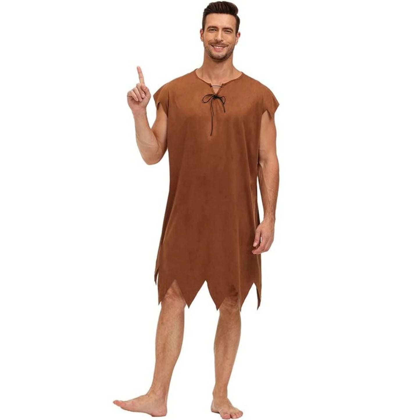 Men's brown stone age costume resembling Wilma Flintstone costume for women with jagged hem