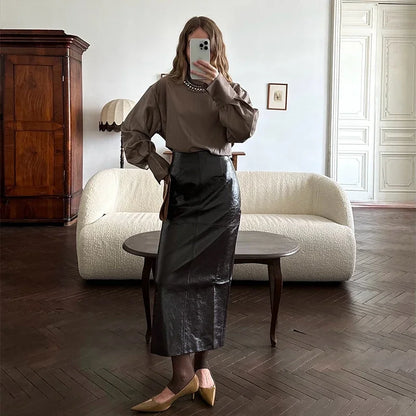 Vintage Solid Pu Leather Jacket Skirt Set High Neck Coat Slim Fit Long Skirt Coats Skirt Sets 2025 New Autumn Winter Lady Outfit
