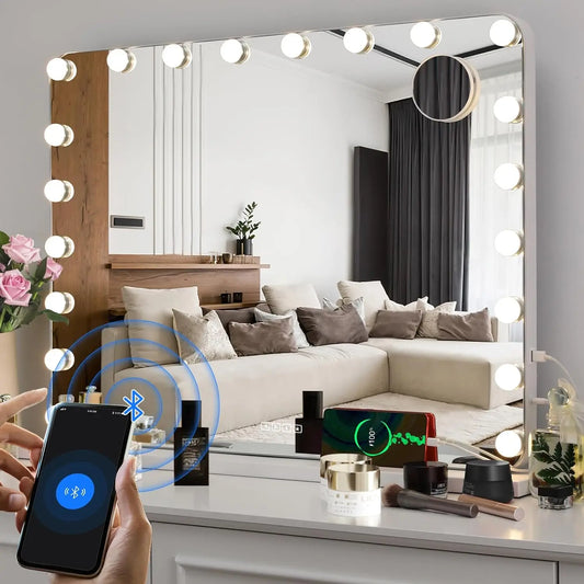 Hollywood Make-Up Mirror with Lighting 20 LED,Bluetooth Player, 80x60cm Large Cosmetic Mirror with 3 Dimmer Light ,USB,Touch