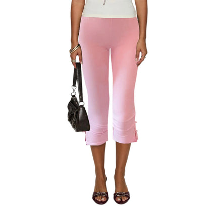 Women Capri Pants Solid Color Bow Decor Summer Casual Cropped Pants Stretch Crop Leggings