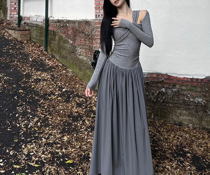 Autumn Skew Collar Halter Aura Dresses Solid Color Female Clothing Folds Stylish Irregular Basic Long Sleeve Spliced Long Dress