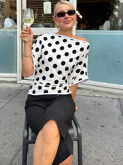 JULISSA MO Sexy One Shoulder Print Polka Dot Women T-shirt White Short Sleeve T-shirt Female Spring Loose Casual Streetwear 2025