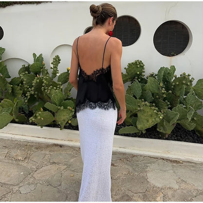 Yellow Satin Lace Splicing Sling Dress Women Elegant Irregular Hem V Neck Backless Sleeveless Gown Chic Women Party Club Vestido