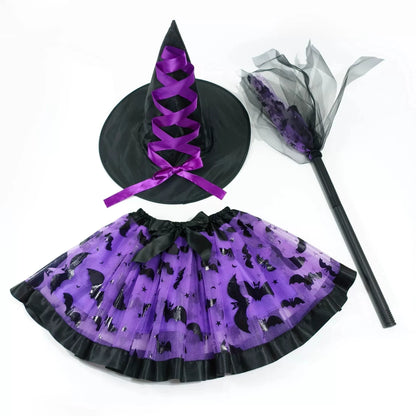 Halloween Adults Women Bat Pumpkin Witch Costume Set Tulle Skirt Hat Broom Skirt 3pcs/set,for Halloween Carnival Party Cosplay