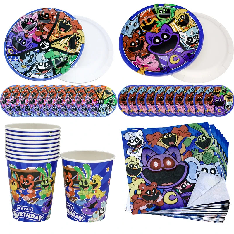 Smiling Critters Birthday Decorations Gamer Party Balloon Stickers Disposable Tableware Cup Plate For Kids Gifts Party Supplies