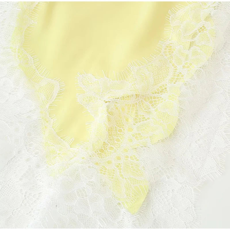 Yellow Satin Lace Splicing Sling Dress Women Elegant Irregular Hem V Neck Backless Sleeveless Gown Chic Women Party Club Vestido