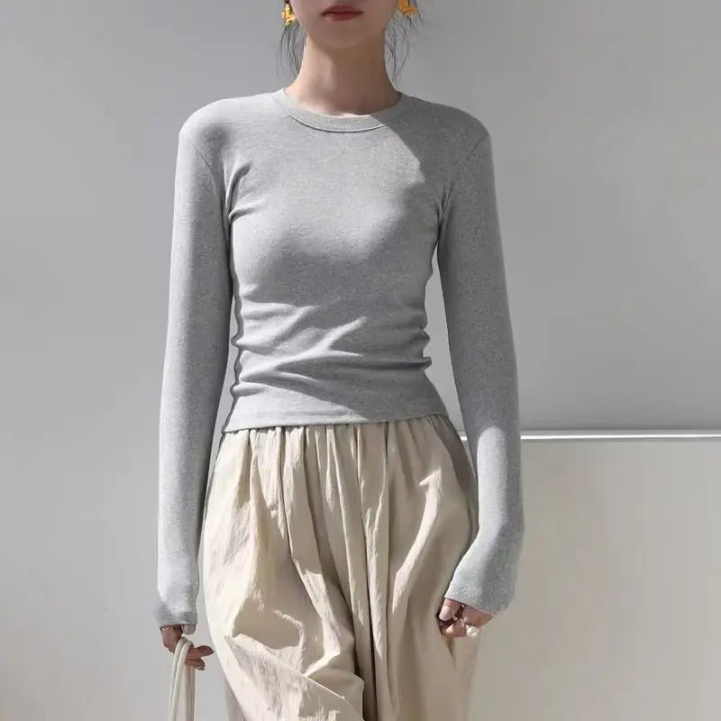 Cotton O Neck Long Sleeve Shirt Women Sexy Cropped Tops 2025 Autumn Black Casual Skinny Slim Basic Woman T Shirts White Clothing