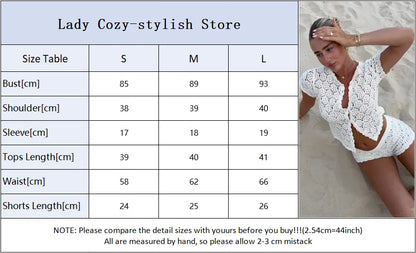 Sexy Women Crochet Hollow Out Patchwork Top Suits Fashion Round Neck Cardigan Crop Shorts Sets Summer Female Beach Party Outfit