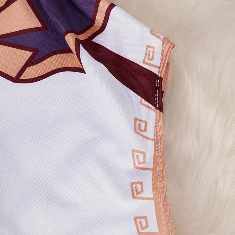 Closeup seam and print of kawaii cartoon bodysuit costume for women showing peach border and soft fabric