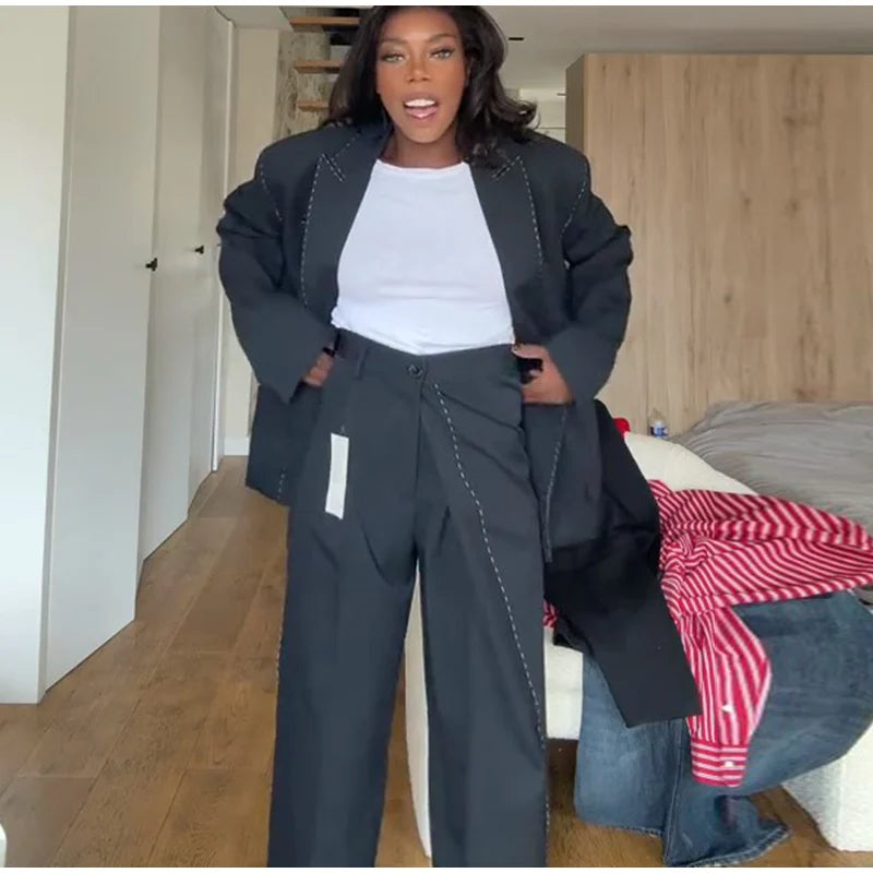 Casual Loose Women's Blazer Pant Suits Lapel Doube-Breasted Top Straight Pants Lady Set 2025 Autumn New 2 Pieces Set Women