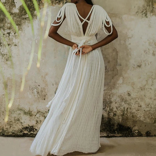Sexy Deep V-neck Bandage Robe Long Dress 2024 Women Elegant High Waist Split Solid Party Dress Summer Fashion Pleated Maxi Dress