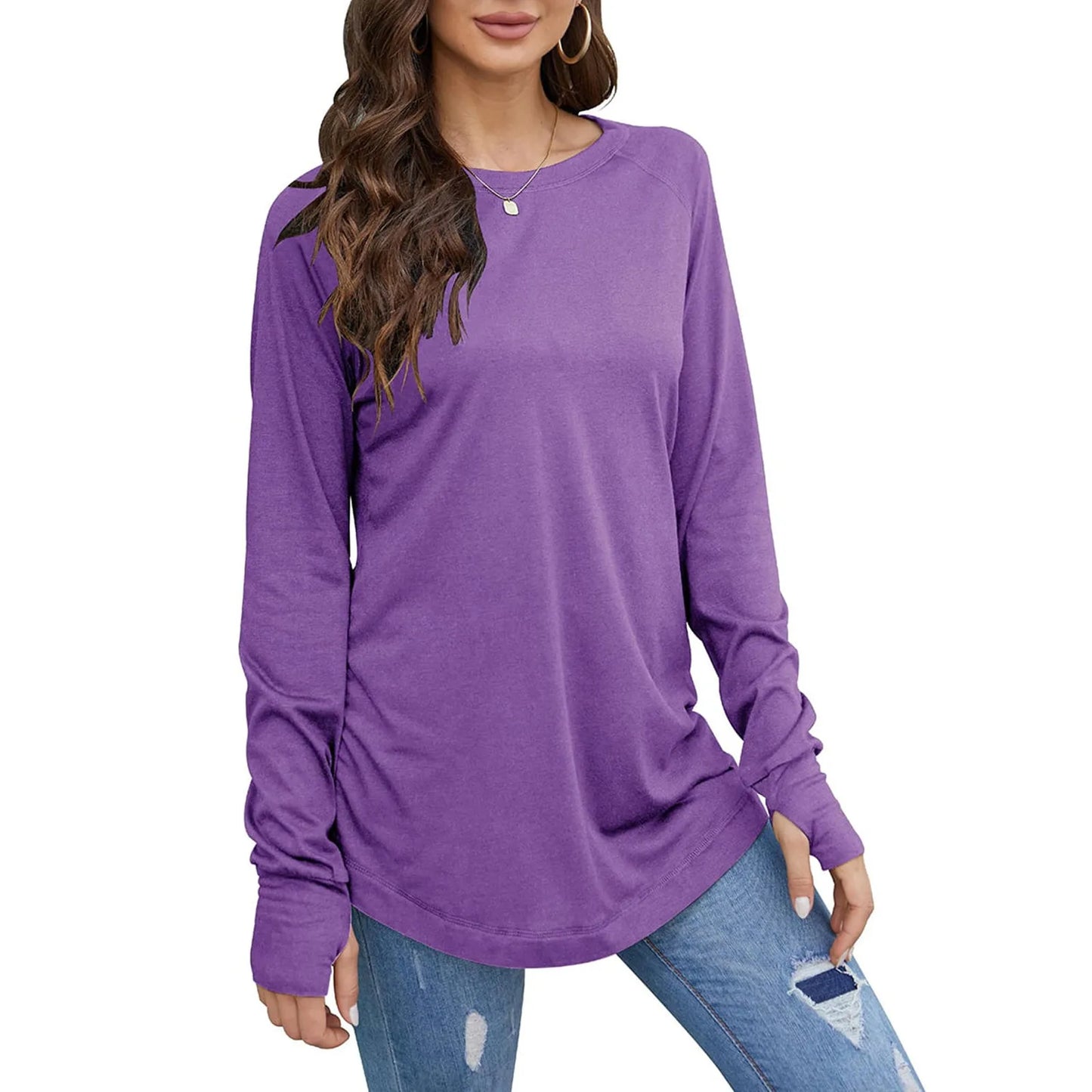 Women's Solid Round Neck Loose Long Sleeve Medium Length Leaky Thumb T-shirt Top