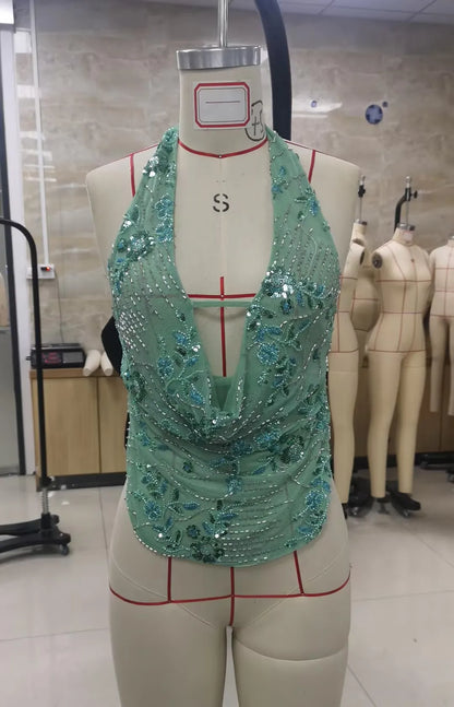 Sexy Deep V Neck Beach Tank Tops Women y2k Coquette Summer Sequins Patchwork Sleeveless Vest Vacation Backless Beach Tops