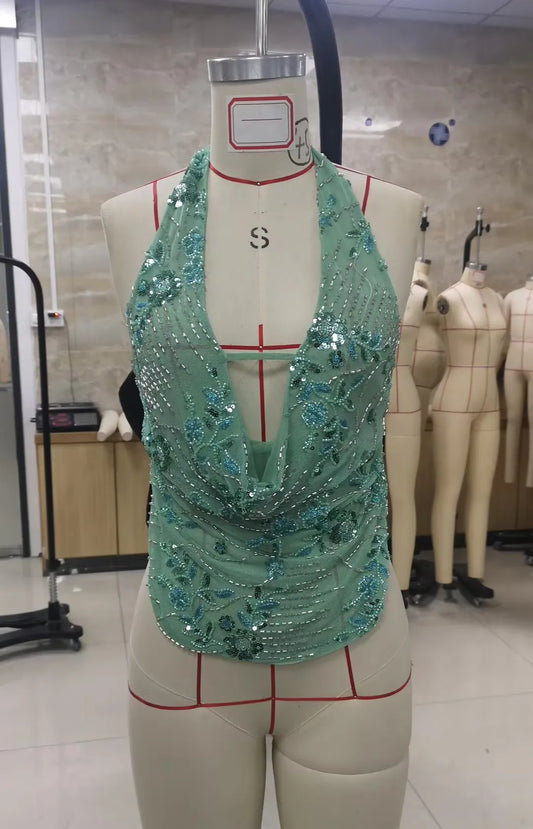 Sexy Deep V Neck Beach Tank Tops Women y2k Coquette Summer Sequins Patchwork Sleeveless Vest Vacation Backless Beach Tops