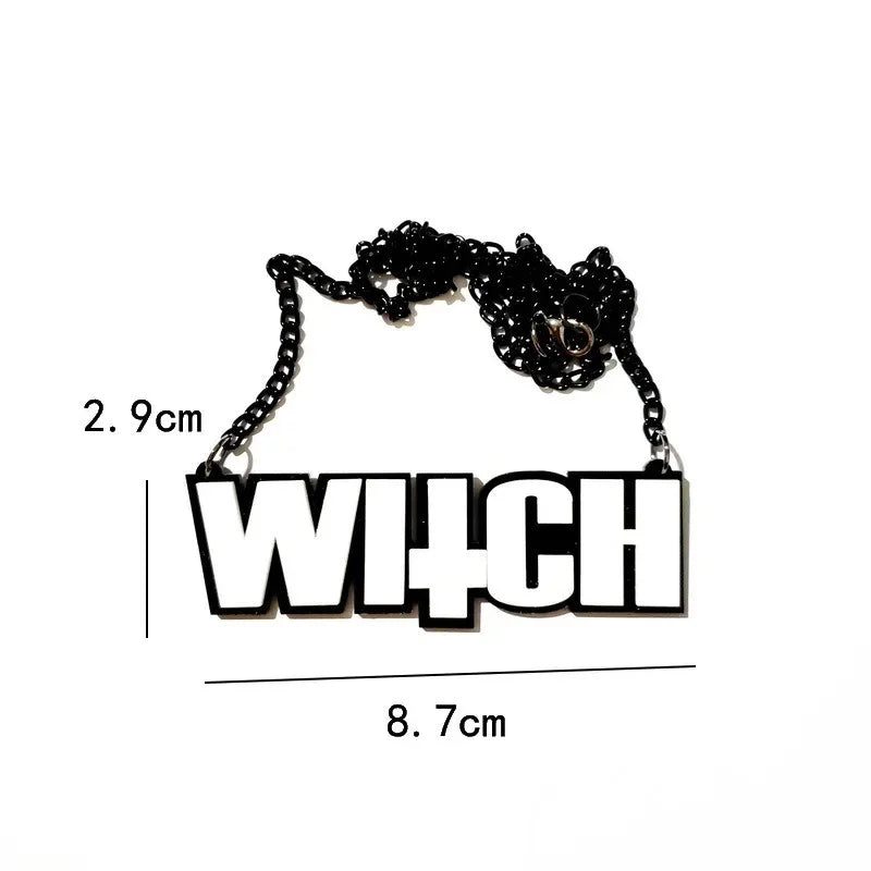 EtherealBe Halloween black letter necklace featuring a bold 'WITCH' design in black and white