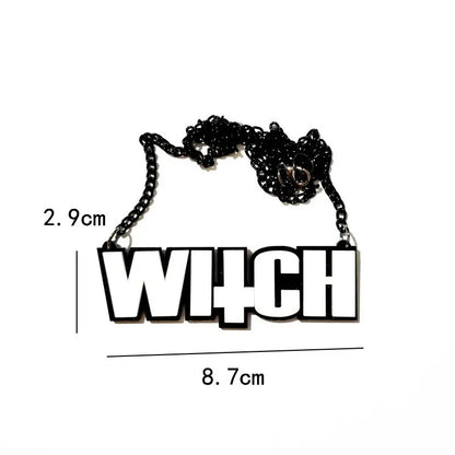 EtherealBe Halloween black letter necklace featuring a bold 'WITCH' design in black and white