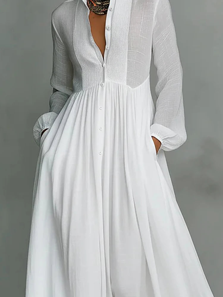 Spring Women's Standing Collar Long Sleeved Loose Dress White Button Pockets Holiday Robe Dress Fashion Pleated High Waist Dress