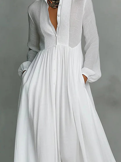 Spring Women's Standing Collar Long Sleeved Loose Dress White Button Pockets Holiday Robe Dress Fashion Pleated High Waist Dress