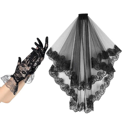 Elegant black lace veil and gloves set perfect for vintage-themed events or gothic fashion.